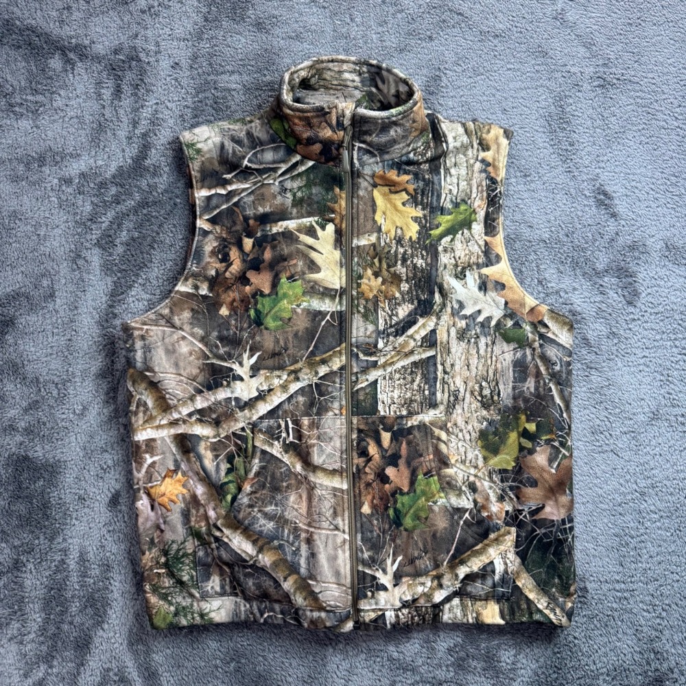 Ridge Hunter Mens Large Camo Fleece Vest Full Zip Real Tree Oak Leaf Pattern